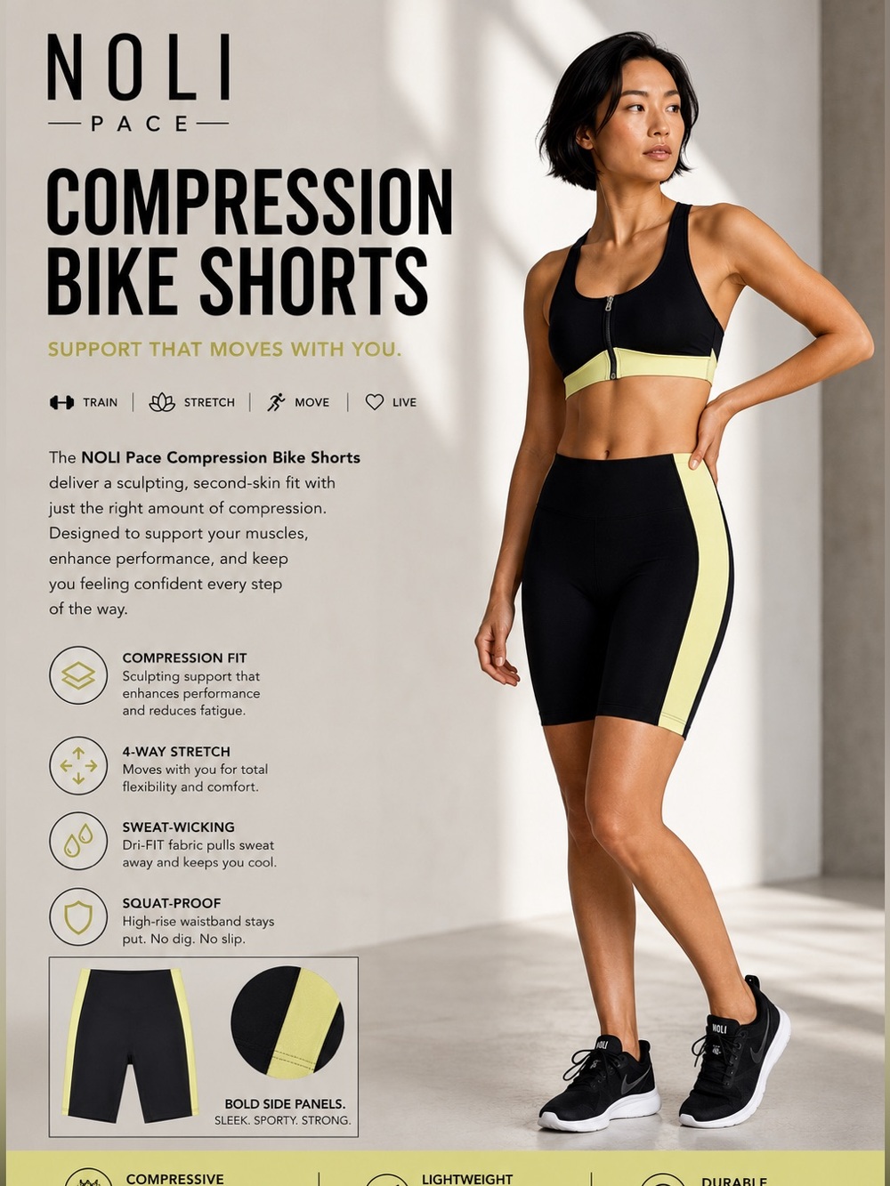 NOLI Pace- NWOT-  Compression Bike Shorts in Black W Yellow Side Panels SIZE M